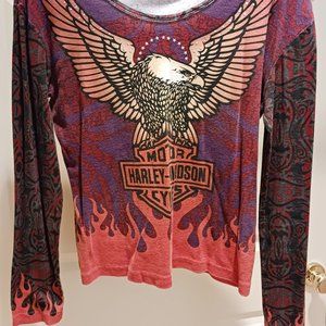 Harley-Davidson Ladies M Long Sleeve T Shirt, Purple, Orange Flames & Silver